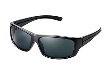 Black sports sunglasses with dark lenses are placed on a surface, isolated on a transparent background, perfect for design needs as a png.