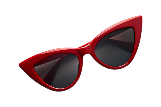Vibrant red cat eye sunglasses with dark lenses are isolated. This stylish retro eyewear is a transparent PNG image on a transparent background.