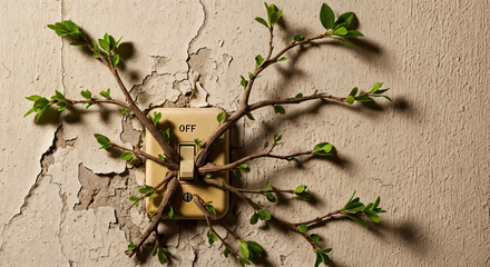 Green Energy Concept: Plant Growing From Light Switch on Old Wall - Environmental Conservation
