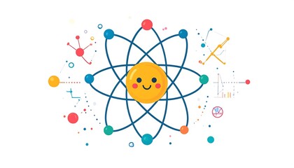 Cute cartoon atom with scientific elements