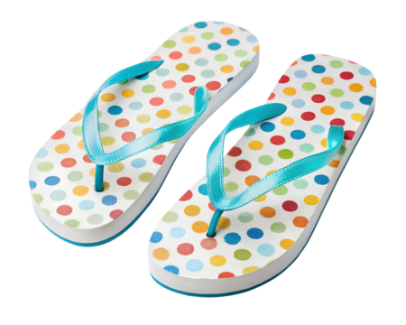 A pair of white flip-flops with colorful polka dots and teal straps rests isolated, a transparent PNG ready for summer.