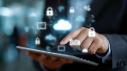 A man is using a tablet with a lot of icons on it. The icons include a keyboard, a mouse, and a cell phone. The man is pressing a button on the tablet, which could be a keyboard or a mouse - Powered by Adobe