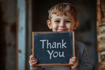 Happy little boy holding a chalkboard with Thank You message