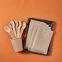 Sustainable Disposable Utensils and Packaging on Orange Background