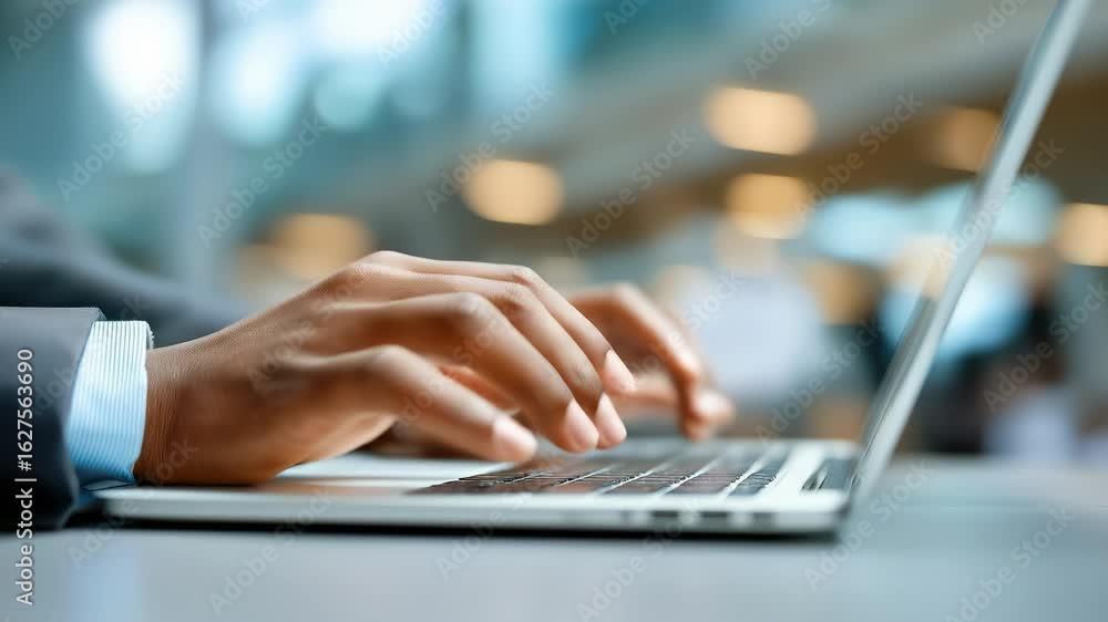 Poster a person is typing on a laptop computer. concept of productivity and focus, as the person is likely 