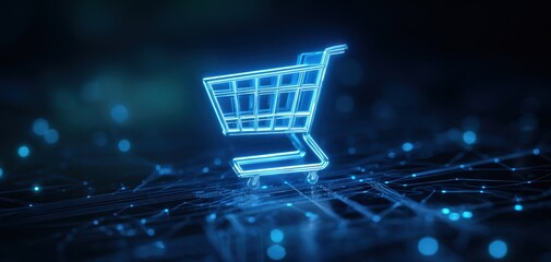 The glowing shopping cart symbolizing digital e-commerce and futuristic technology.
