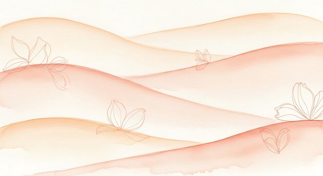 Ethereal watercolor waves with delicate floral accents in soft peach and beige tones