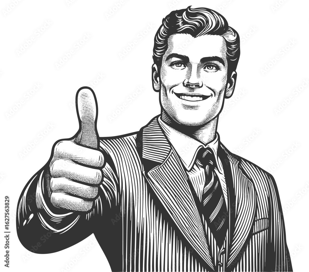 Poster smiling businessman in a suit showing a thumbs up gesture, symbolizing success, approval, and positi
