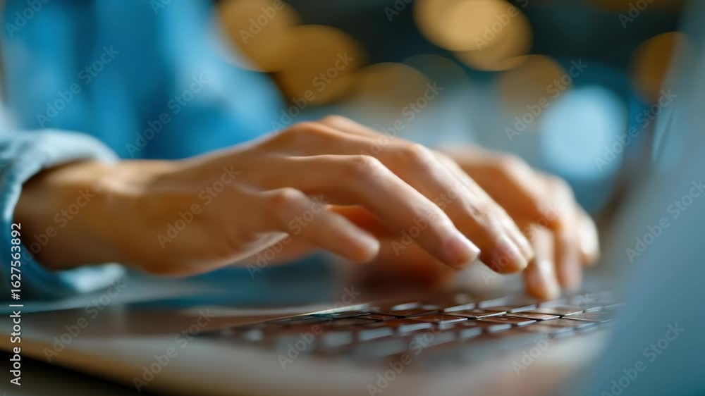 Poster a person is typing on a laptop with their hand on the keyboard. concept of productivity and focus, a
