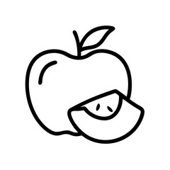 Black and white line art illustration of an apple and a slice.