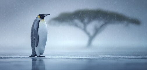 Fototapeta premium The solitary penguin standing in the misty rain beneath a distant tree.