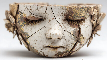 Halloween cracked ceramic mask with closed eyes and distressed texture