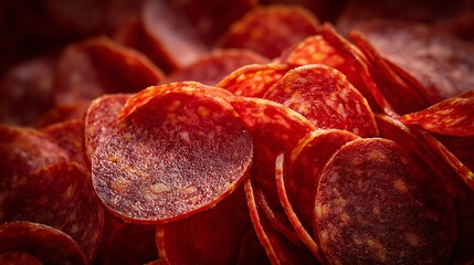 Obraz premium Pile of Sliced Sausage Close-up Food Photography