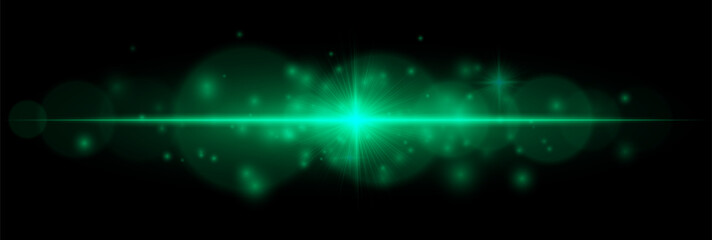 Obraz premium Horizontal flare with glowing center, soft bokeh, and scattered particles. Suitable for overlays, digital art, decorative accents, and light effects.