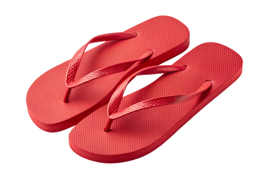 A pair of simple red flip flops rests together on a transparent background. This isolated PNG image shows the vibrant footwear.