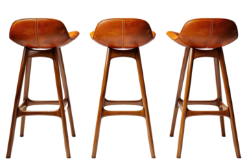  Three mid-century modern bar stools with brown leather seats and wooden legs, arranged in a row on a transparent background
