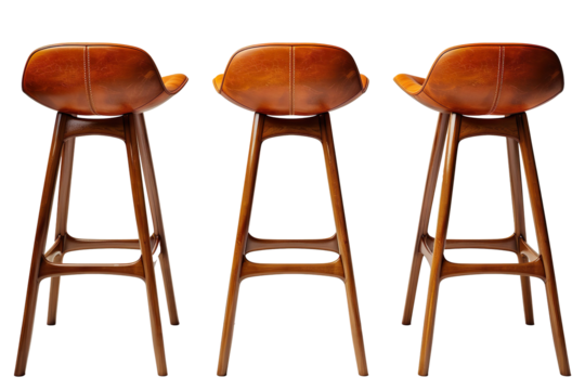  Three mid-century modern bar stools with brown leather seats and wooden legs, arranged in a row on a transparent background
