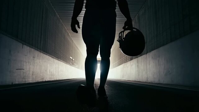 American football player walking through stadium tunnel with helmet in hand, silhouette of athlete entering field from locker room with determination, motivation and mental focus before game - Powered by Adobe