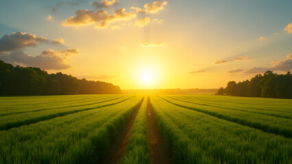 Obraz premium Sunset Over Field With Green Crops