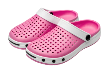 A pair of bright pink plastic clogs with white straps and perforated uppers are shown resting on a transparent background, isolated png image.