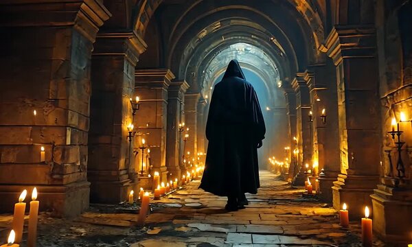 Mysterious Hooded Figure Walking Through a Dimly Lit Stone Corridor Lined with Burning Candles Creates A Dark And Eerie Atmosphere Of Mystery