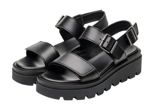 A pair of stylish black leather platform sandals with adjustable buckles stands side by side, isolated on a transparent background. This is a clear PNG file.