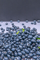 Close-up of freshly washed blueberries with perfect texture, illuminated by natural light that highlights their deep blue hue