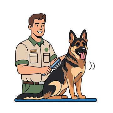 Man grooming a german shepherd dog with a brush, isolated on white background