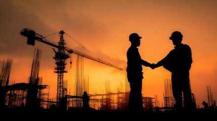 Low-angle view: handshake between worker and supervisor against backdrop of towering crane and glowing sky, cinematic depth,