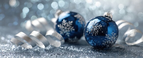 The festive blue Christmas ornaments with sparkling snowflakes and silver ribbons.