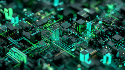 Abstract digital network map with green and teal glowing circuits in isometric 3d layout