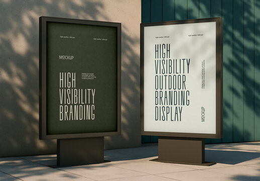 Outdoor Poster Mockup Template &ndash; Dual Vertical Billboards with Urban Shadows and Concrete Wall Texture