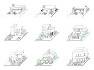 建物の立体的なイラスト. 線画.