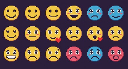 Fototapeta premium A set of funny cartoon faces and eyes, including various smiling, sad, and angry yellow emoticons and symbols