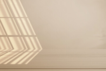 Minimalistic abstract simple gentle light beige background for product presentation with light and beautiful shadow from window curtain on wall.