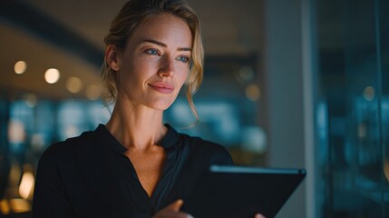 Fototapeta premium medium shot, confident business professional reviewing ESG report on tablet in a modern office, soft diffused lighting, authentic and focused expression, sustainable practices theme, cinematic