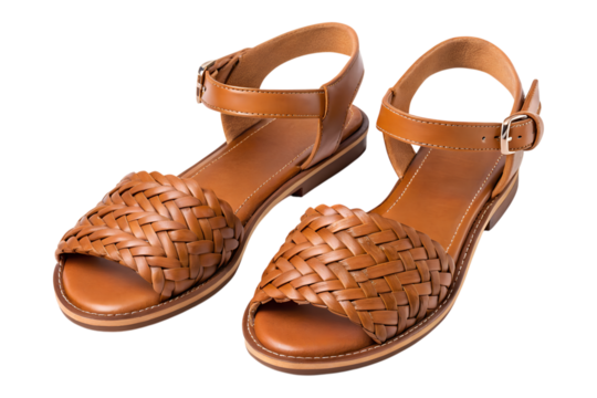 A pair of comfortable brown leather flat sandals featuring woven toe straps and adjustable ankle buckles is isolated on a transparent png background.