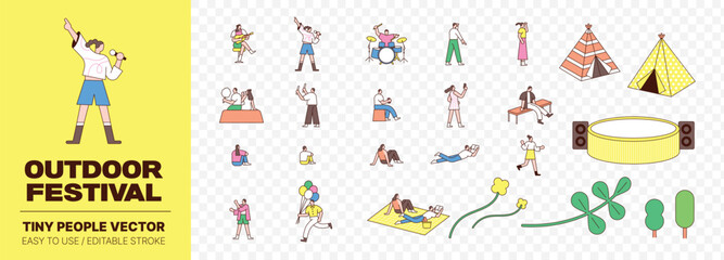 Outdoor Festival Tiny People Vector Set – Camping, Music, Picnic, Leisure Activities