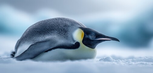 The majestic emperor penguin resting peacefully on a snowy landscape.