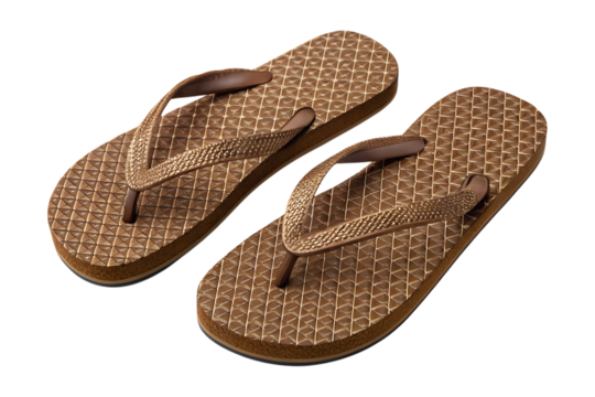 This isolated pair of brown flip flops with textured soles lies on a transparent background, perfect for summer, a clear png.