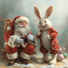 Fototapeta premium Santa Claus and the Easter Bunny - Happy New Year and Easter