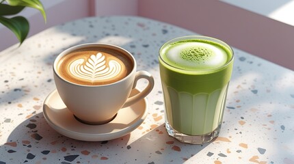 Elegant terrazzo table with creamy cappuccino and layered iced matcha, soft light and artistic drink styling, perfect minimalist food image for health, design, branding and lifestyle

