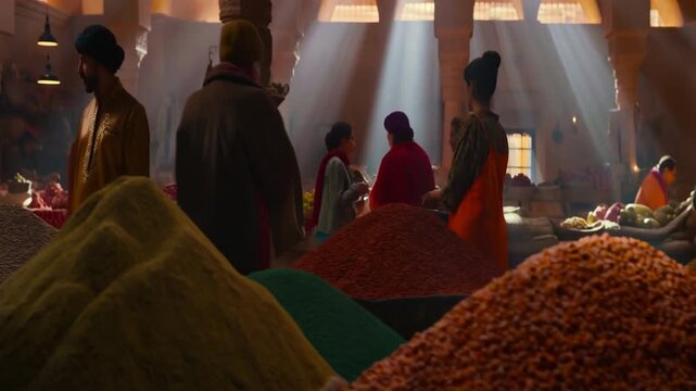 Spices, market and woman vendor in traditional indoor bazaar with colorful seasoning, sunlight rays and trade atmosphere in cultural food marketplace