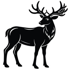 Fototapeta premium Black silhouette of a majestic elk with large antlers on a white background deer