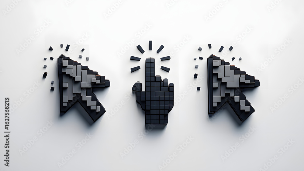 Poster pixelated cursor hands clicking; digital interaction concept.