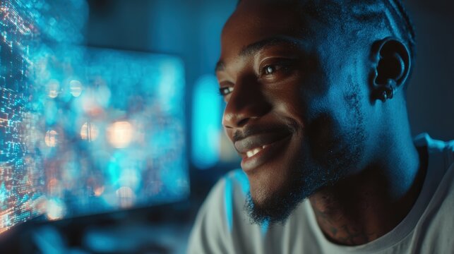 medium shot of the man smiling slightly as a vibrant AI-generated image appears on his screen, authentic and inspiring, cinematic