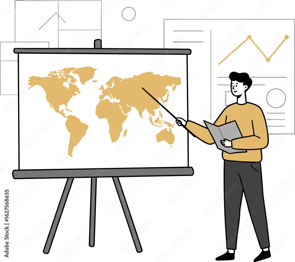 Poster man presenting world map on easel in hand-drawn style concept