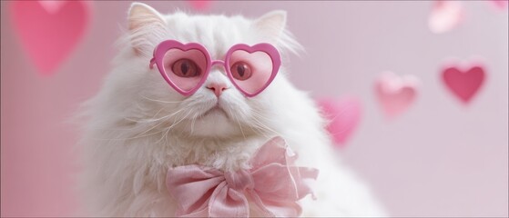 The adorable fluffy cat wearing heart-shaped glasses surrounded by pink hearts.