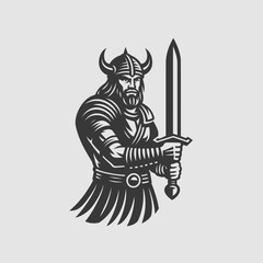 Detailed Illustration Viking Warrior with Sword in Monochrome Illustration