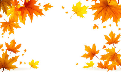 A vibrant border of falling orange and yellow autumn maple leaves on a white background.